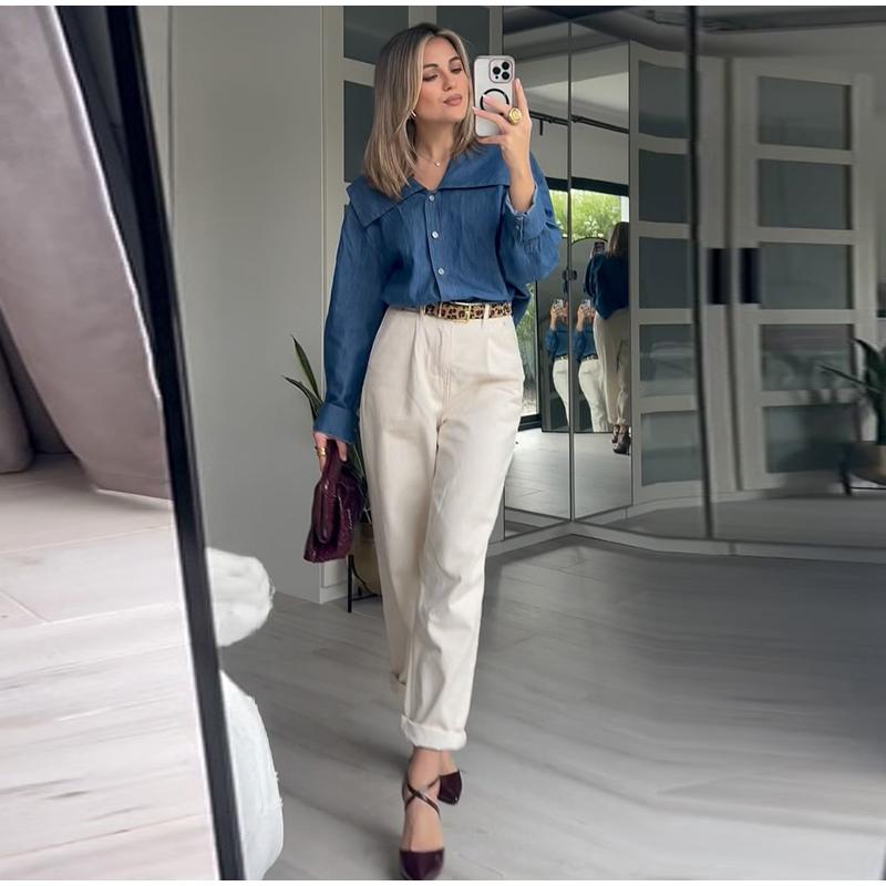 Casual Denim Solid Color Shirt Women Long Sleeve Peter Pan Collar Button Shirts Lady 2025 Spring Summer Loose Single Breasted Outwear