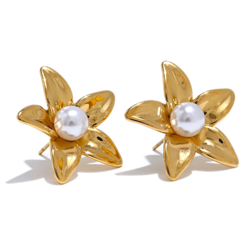 Yhpup Popular Flower Daily Fashion Stud Earrings Imitation Pearl Stylish Stainless Steel Waterproof Temperament Jewelry