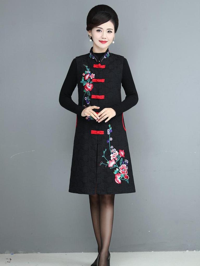 Women's Ethnic Embroidered Fleece Vest - Mid-length, Sleeveless Tang Suit for Spring & Autumn