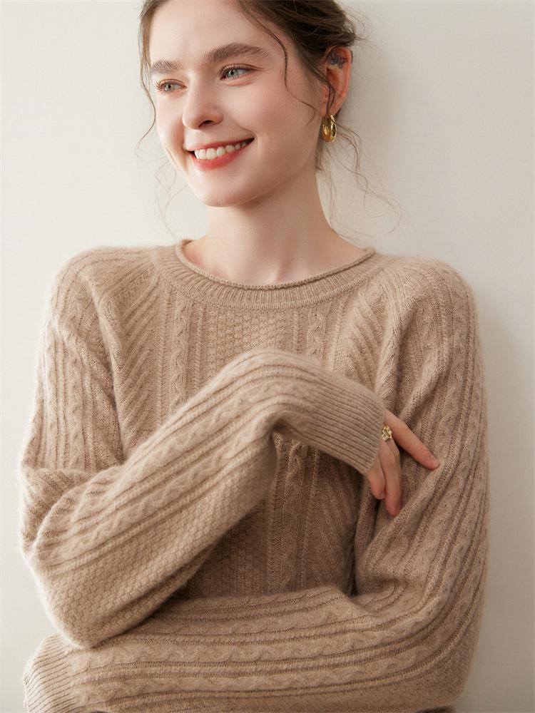 Women's Cashmere Raglan Cable Knit Sweater - 7-Gauge Double-Strand, Round Neck, Rolled Edge, Extra-Thick, Long-Sleeve Pullover.