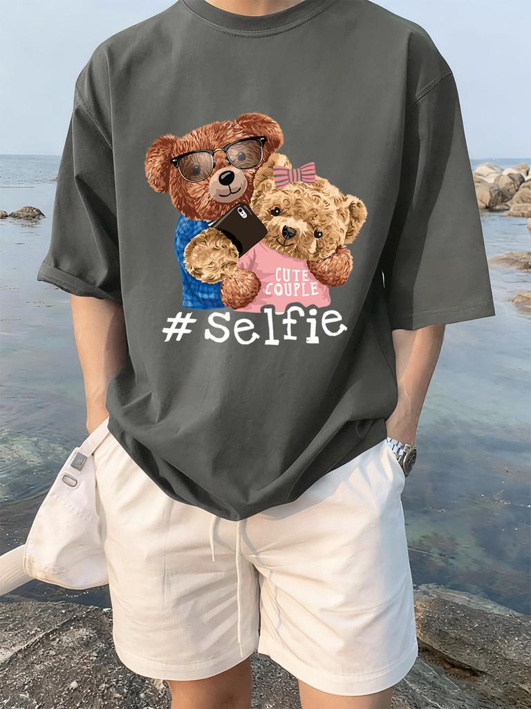 Cute Couple Bears Selfie Printing TShirts Womens Summer Cotton Short Sleeve Tees Loose ONeck Comfortable Tops Casual Clothes