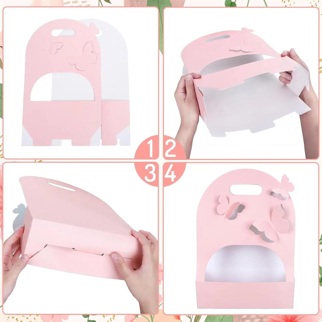 Portable Wedding Favour Boxes 3d Butterfly Carrier Bag Pink Floral Arrangement Gift Paper Package Flower Bouquet Bags