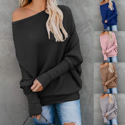 Frauen Casual Mode Lose Einfarbig Sexy Eine Schulter Nähte Lange Ärmeln Gestrickte Top