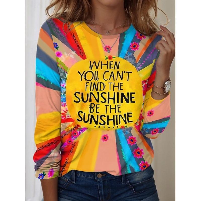 Spring and Autumn Trendy Round Neck 3D Flower Printed Top Colorful Loose Long Sleeve T-shirt