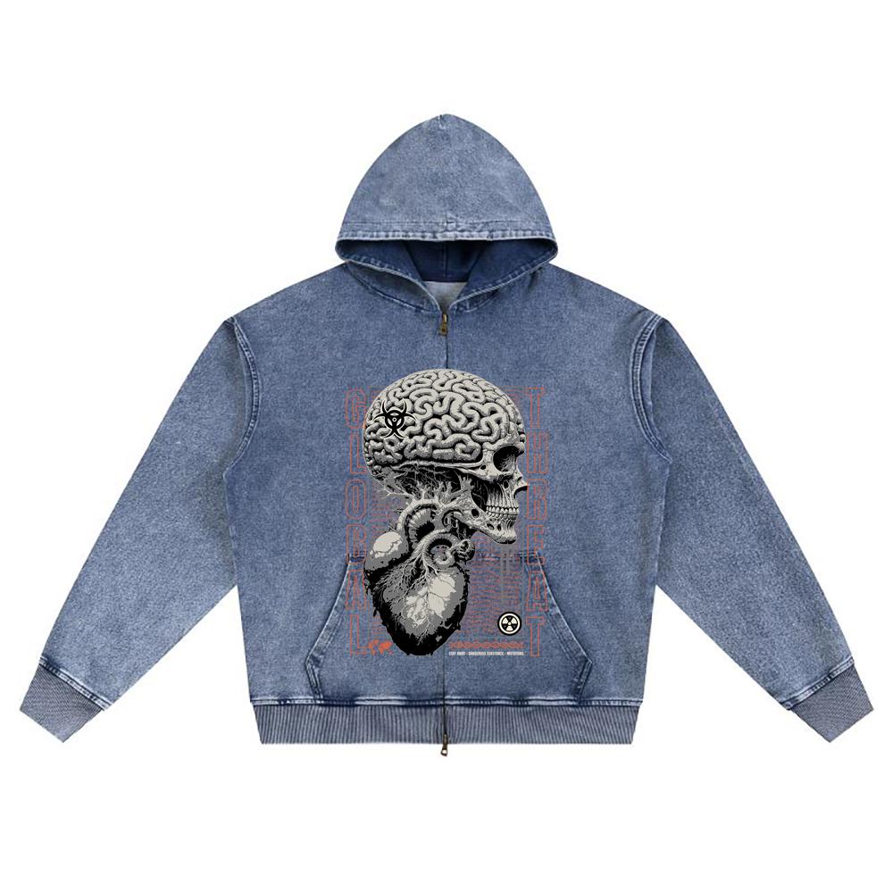 DTG Print Knitted Denim Zip-Up Hoodie Skull Brain Brother Print Zipper Hoodies  