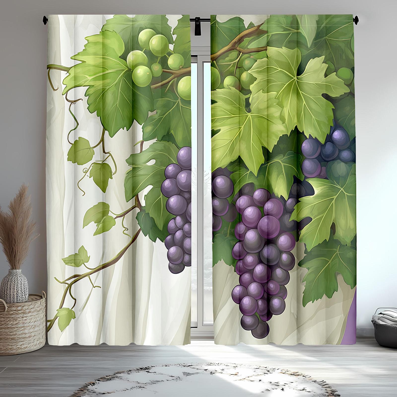 

Classic Wine Grapes Curtains Style Polyester Grape Print Drapes Purple Grapevine Design Kitchen Dining Room Set Of 2 Made Window Decor W100*H70(CM)-Hooks&2PCS