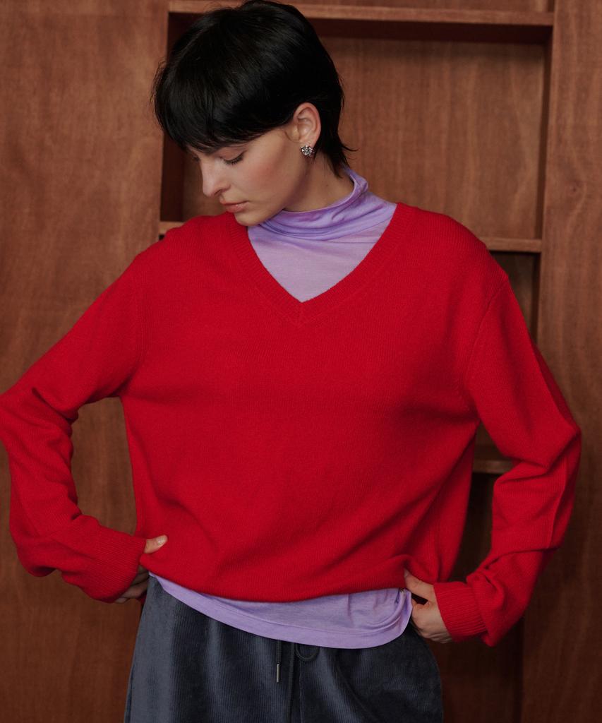 MELLY&ROSE Meli Pure Wool V-Neck Pullover (319230)_Red