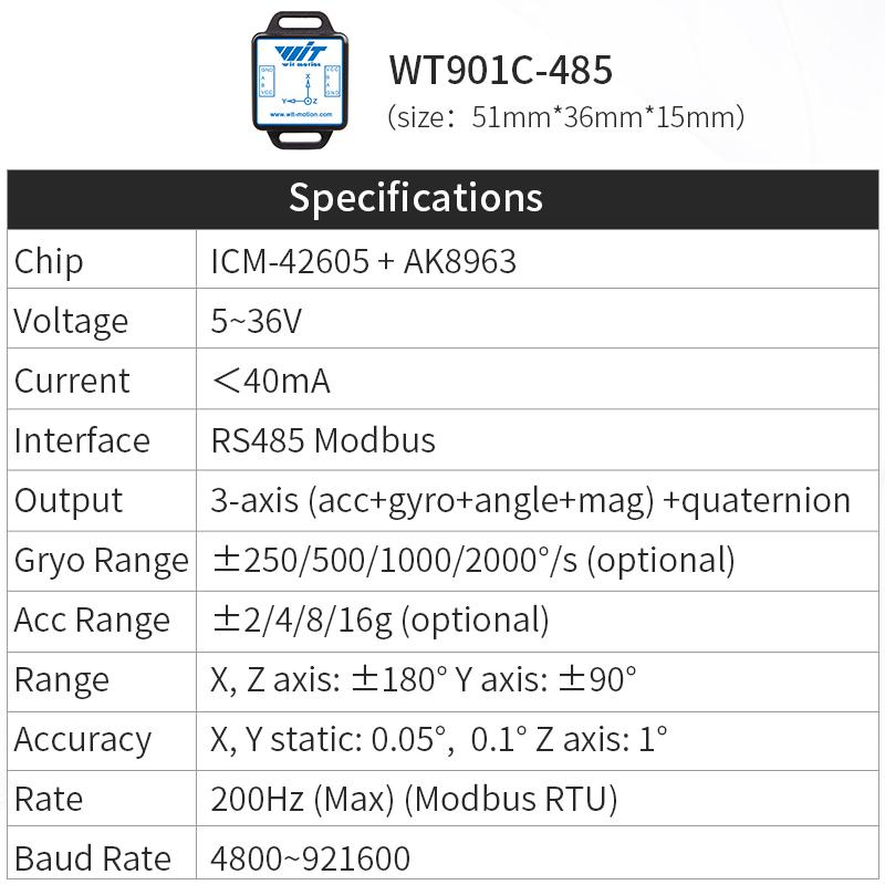 WitMotion WT901C485 9-Axis AHRS Inclinometer Acceleration+Gyro+Angle (XY 0.05° Accuracy)+Digital Compass, RS485 Modbus Protocol