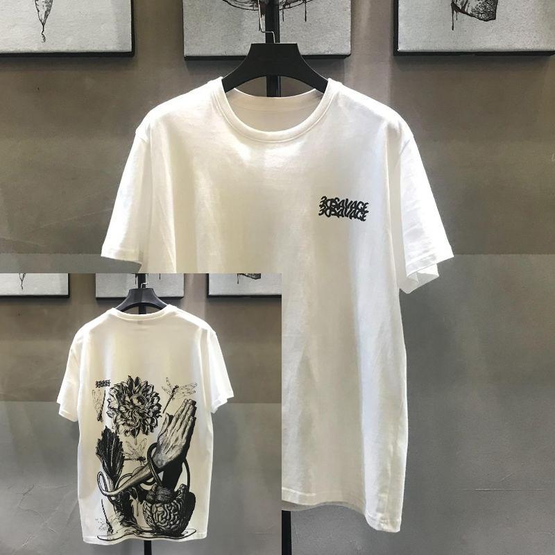 

Black and White Hand-painted Buddha Worship T-shirt, A Retro Summer Trendy Brand, Loose Suitable for Both Men and Women 4XL