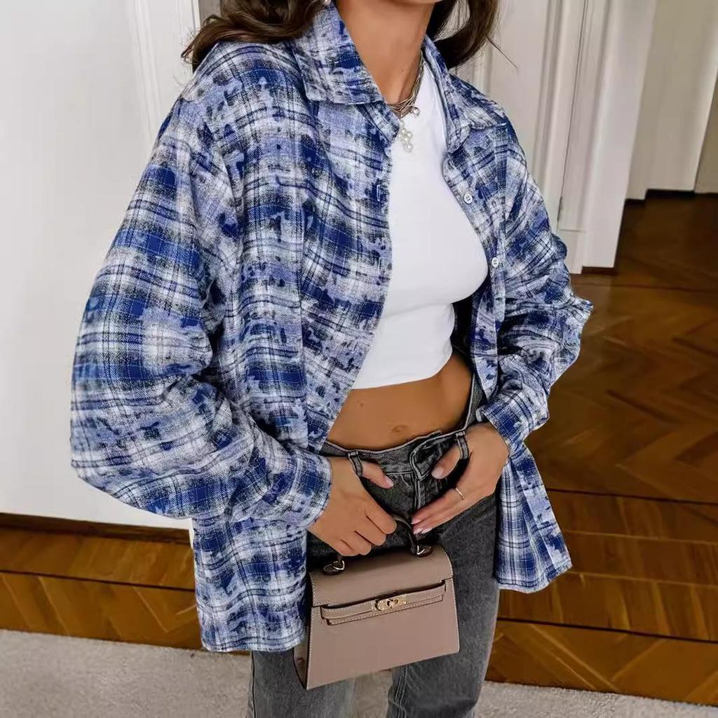 2026 Trendy European & American Cotton Plaid Shirt: Versatile, Loose-Fit, Long-Sleeve Women's Fashion for a Stylish Commute