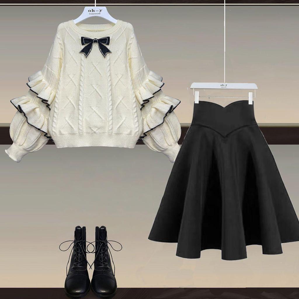 2025 Plus Size Winter Two-Piece: Slimming Lantern Sleeve Knit Sweater & A-line Skirt Set