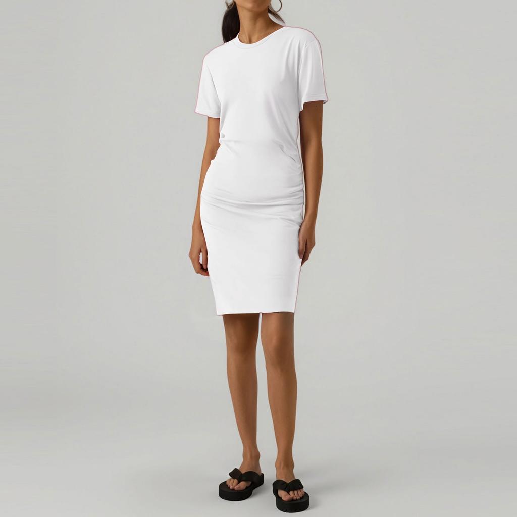 Women's Casual Fashion Summer Short Sleeved Pleated Round Neck Tight Hip Dress