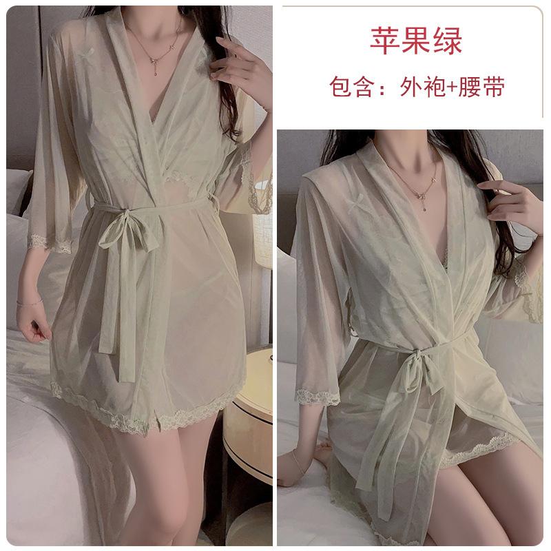 Women's Sheer Mesh Butterfly Bra Cup Deep V Cami Sleep Dress with Robe Lounge Set