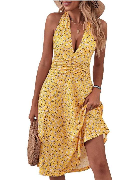 2026 European and American women s clothing explosive summer new V-neck neck pleated floral dress S