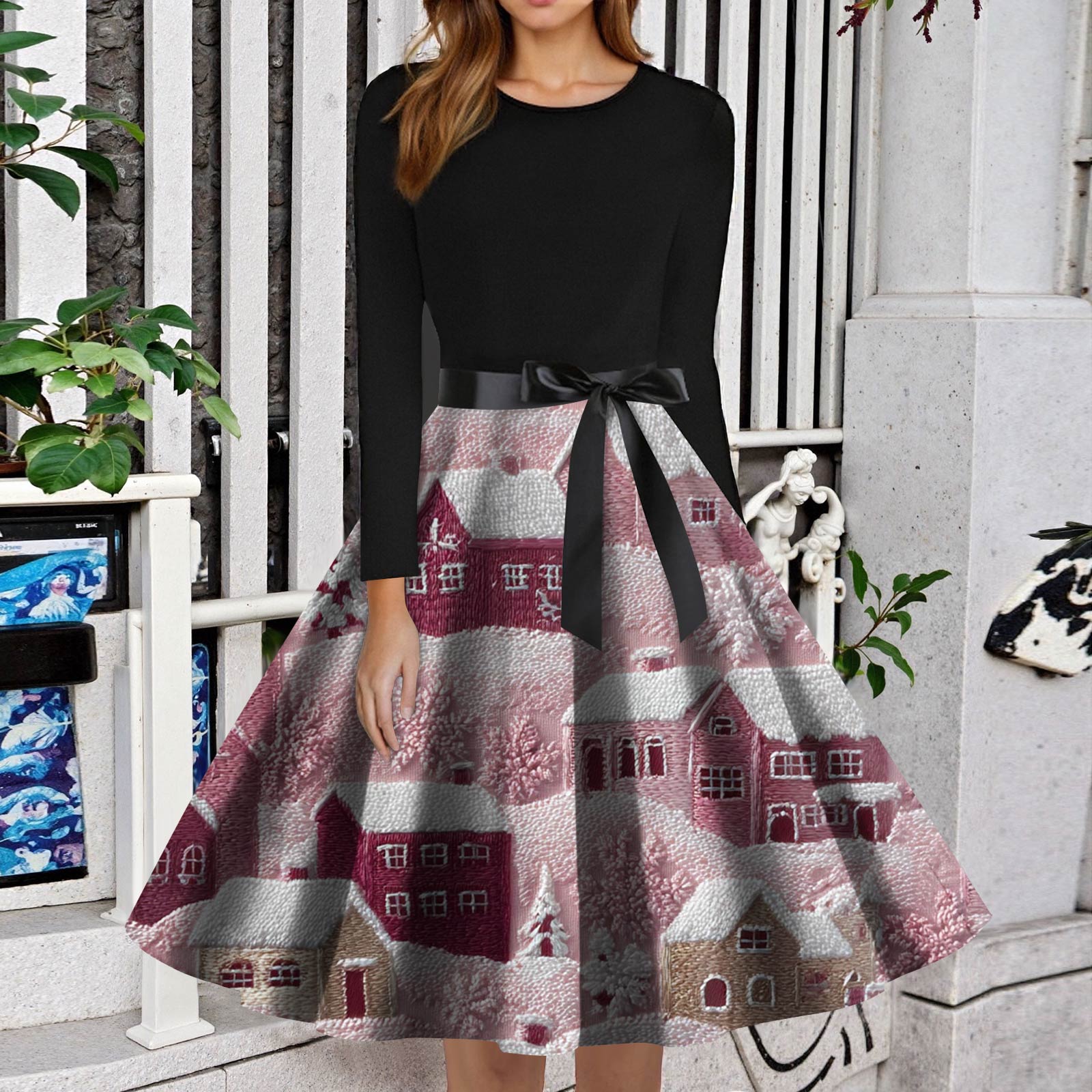 

Women s Fashion Round Neck Slim-Fit Christmas Print Long-Sleeved Dress XXXL розовый