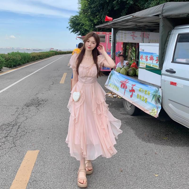 

Винтажное французское милое сказочное кружевное шифоновое облегающее платье с бисером, вечерние платья миди для женщин, элегантное вечернее повседневное пляжное платье, лето 2024 S розовый