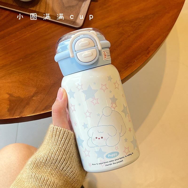 Thermos Cup Ins New Girls High-value Stainless Steel Cartoon Straw Cute Kitten Student Portable Water Cup