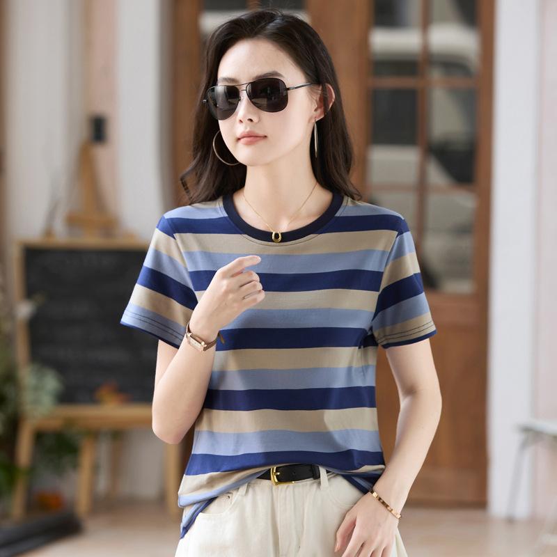 

Женская летняя синяя полосатая повседневная хлопковая футболка с круглым вырезом и коротким рукавом, простые модные топы большого размера с анимированным цифровым принтом XXXL