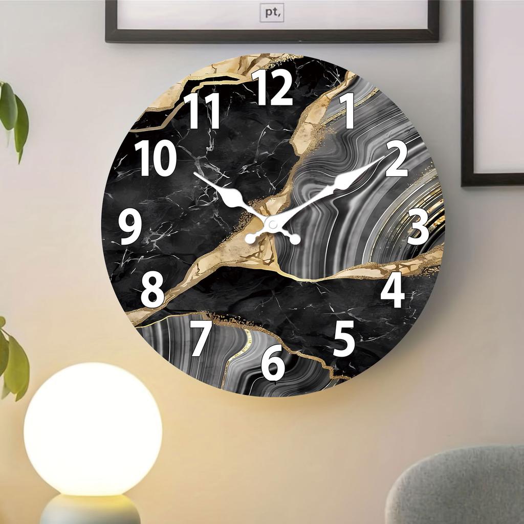 1pc round wooden wall clock, modern simple marble texture pattern design wall clock, silent clock, suitable for living room, din