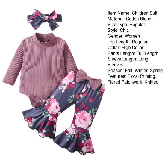 3 Pcs/Set Children Top Pants Headband Suit for 0-24 Months Floral Printing Flared
