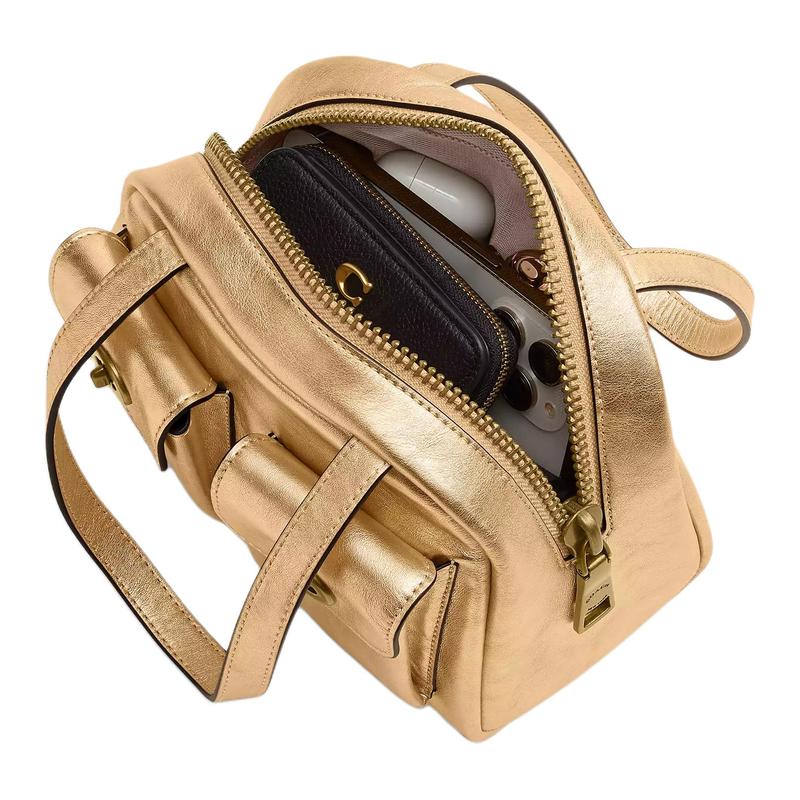 Coach Twin Turnlock 20 Leather Shoulder Bag Small Women's Light Gold