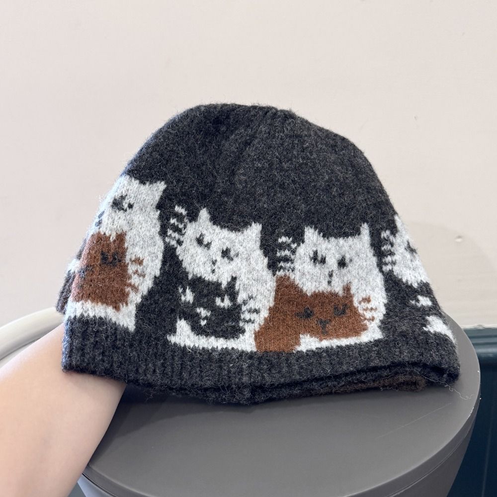 Warm Jacquard Pattern Beanies Fair Isle Style Printing Knit Cap Jacquard Cat Knitted Hat Girls