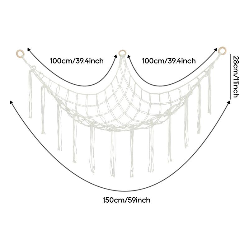 Toy hammock is hung in the corner and is equipped with a storage net, a toy storage bag, and a wall-mounted hammock.