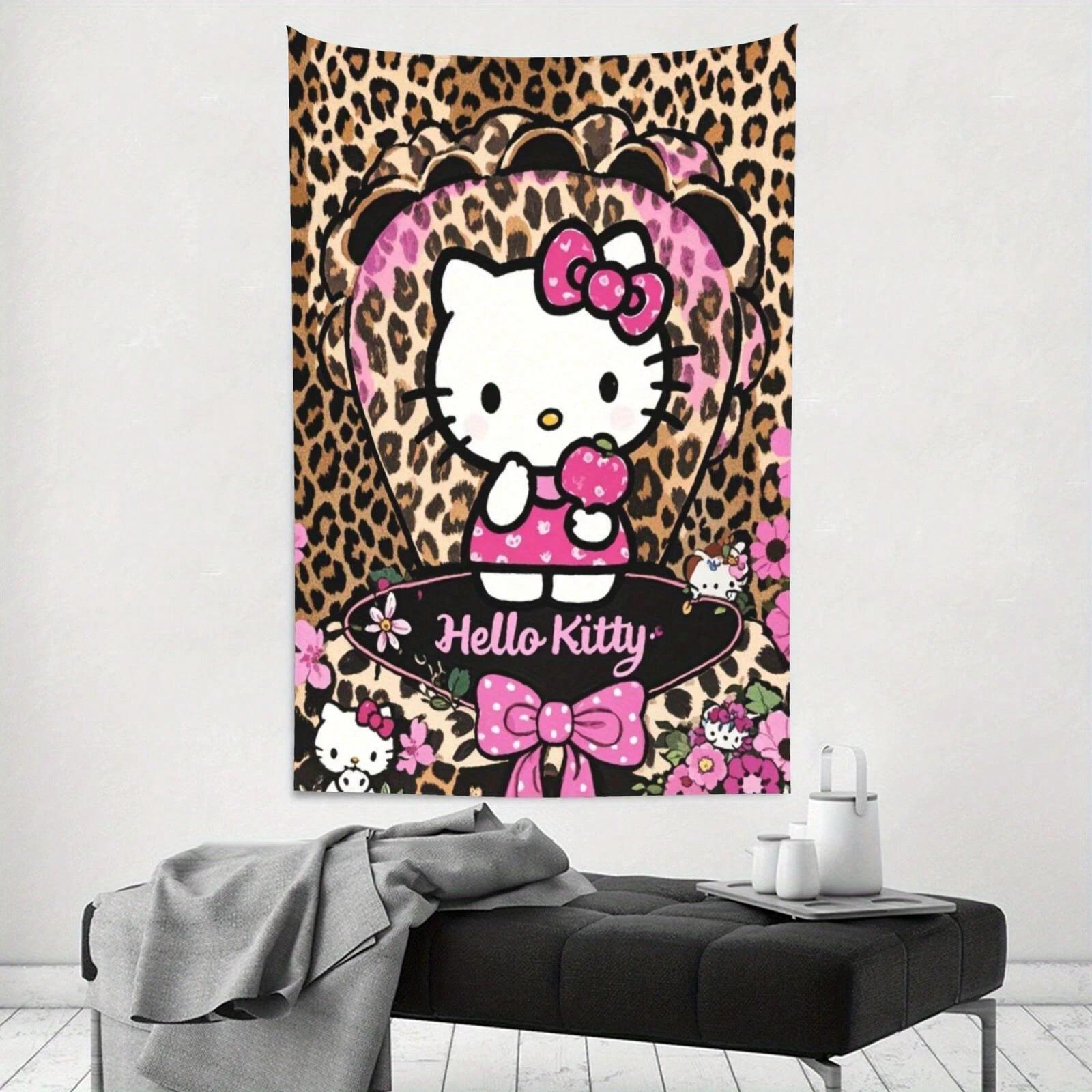 Hello Kitty Дикая Мода Гобелен Розовый Зебра Цветочный Полиэстер Настенное Полотно Спальня Гостиная Декор Для Вечеринки Настенное Искусство Плоская Печать 74x94cm(29x37in)