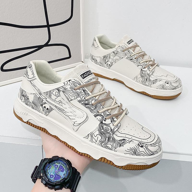 Guochao Design Thick Baseplate Shoes Fashionable Low-Top Leather Surface Breathable Casual Shoes Men'S Shoes