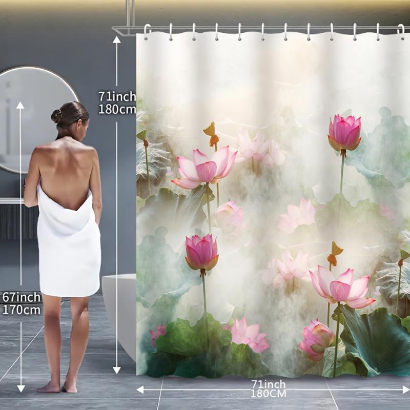 Lush Lotus Shower Curtain Set With 12 Free Hooks: Includes A Waterproof Curtain, Non-Slip Bath Mat, Toilet Seat Cover, And Bathr