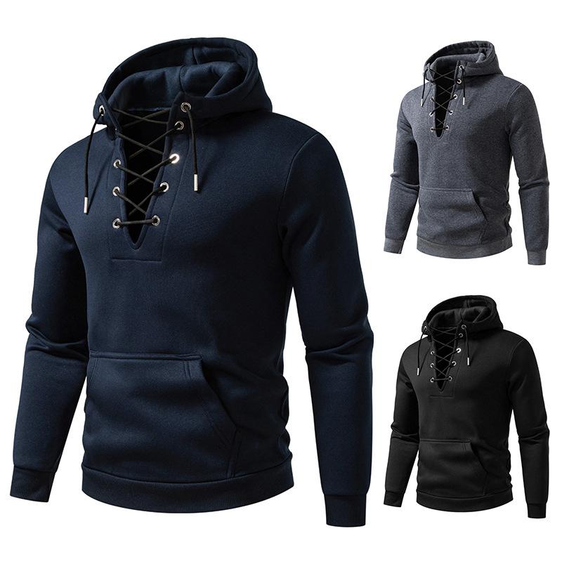 Men's Lace-Up Hooded Sweatshirt Casual Pullover for Men Autumn Winter Warm Fashion Hoodie with Pocket Multi-Color Male Tops
