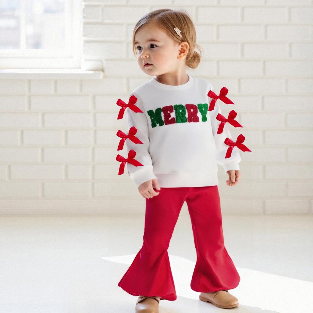 European and American Girls' Christmas Embroidery Bow Sweatshirt and Flare Pants Set