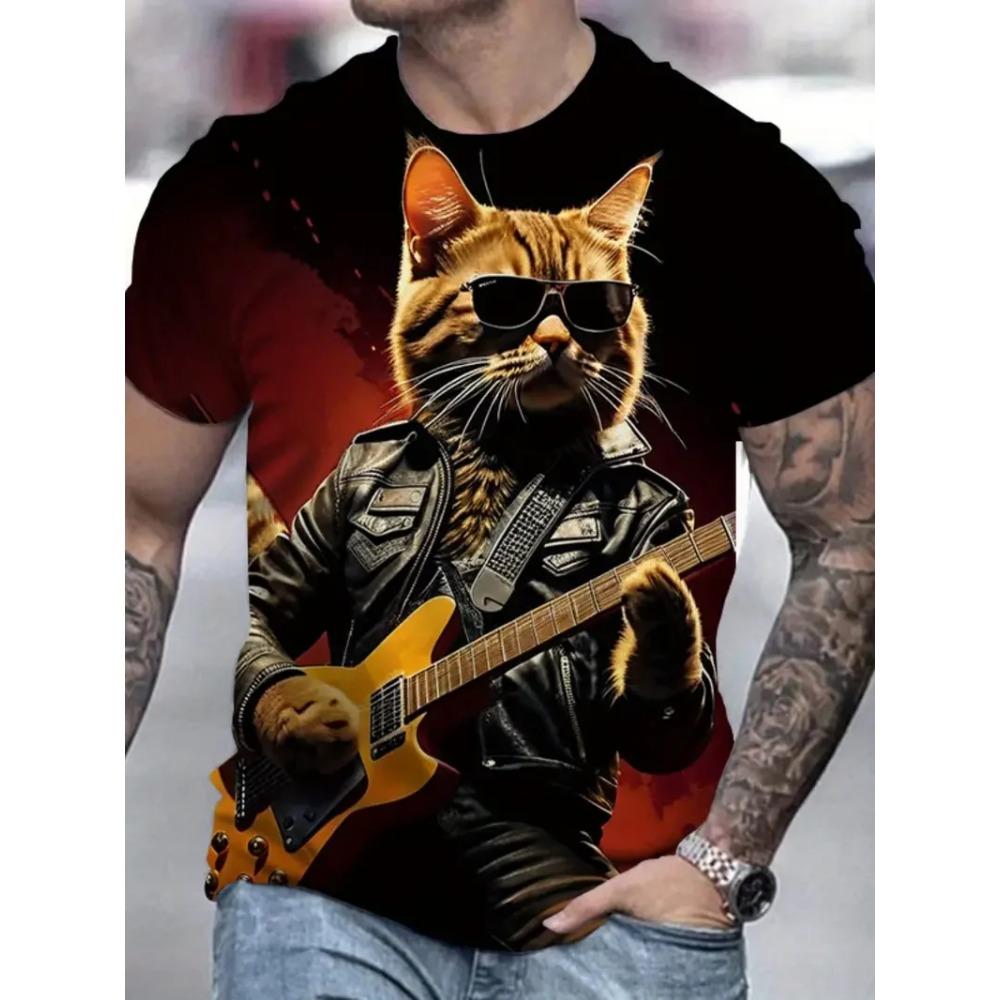 Men's Casual 3D Cute Cat Print T-Shirt, Crew Neck Short Sleeve, Street Sportswear, Outdoor Top, Loose Fit Clothing
