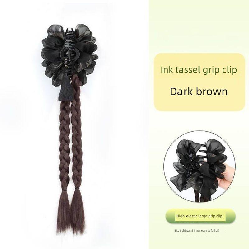 

Wig Horse Tail Women s New Chinese Style Chinese Ancient Style Tassel Grip Long Hair Double Braid Artificial Hair Braided Twisted Twist Braid Ink Tassel Clamp Twisted Braid [Dark Brown]]