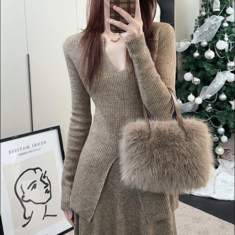 V-neck Elegant Style Autumn and Winter New Split-ended Sweater Two-piece Skirt + Bottom Knitted Sweater Set