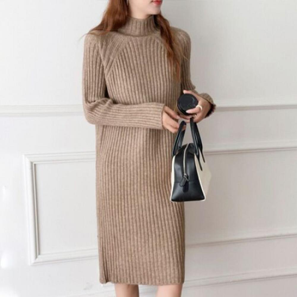 Navava Women No646 Daily Solid Ribbed Half Polo Knit Dress