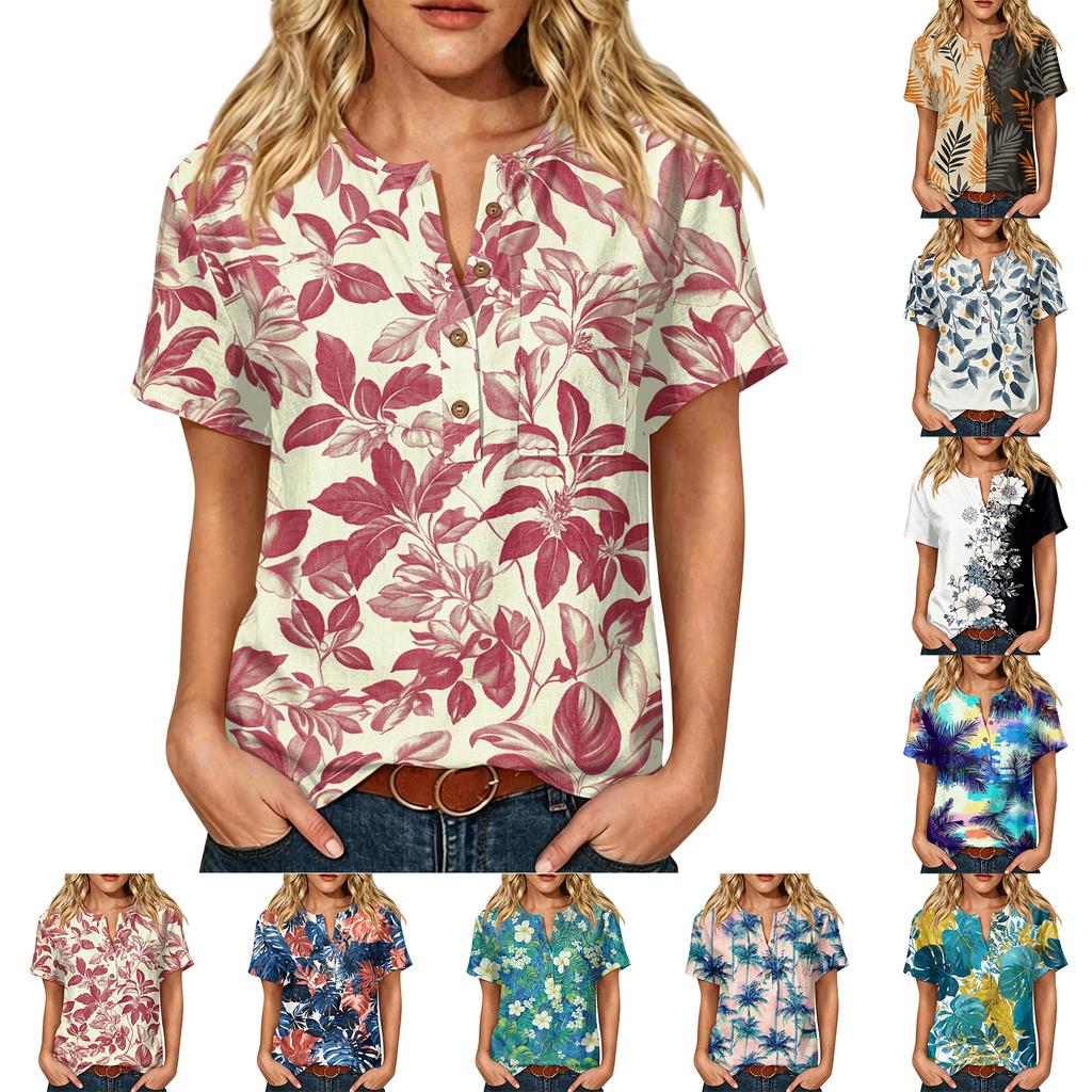Damen Freizeit Hemd mit Print, Henley-Knopfleiste, kurzen Ärmeln, Baumwoll-Leinen-Mischung und Brusttasche für den Sommerlichen Alltagsgebrauch