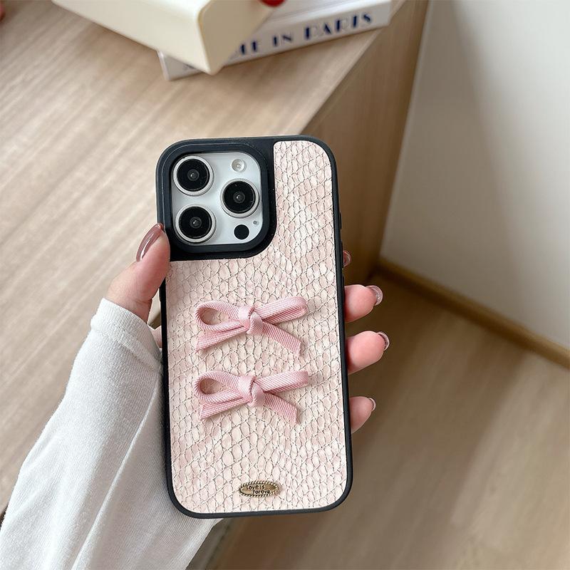 Solid Color Snakeskin Pattern Mobile Phone Case for IPhone17pro Three-dimensional Bow for Apple 16plus Simple and Light Luxury