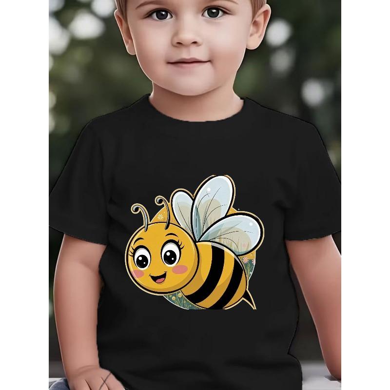 European Sizes Boys' Short-Sleeve Cartoon Bee Cute Joyful Face Fun Summer Breathable Printed Top for Toddlers and Kids