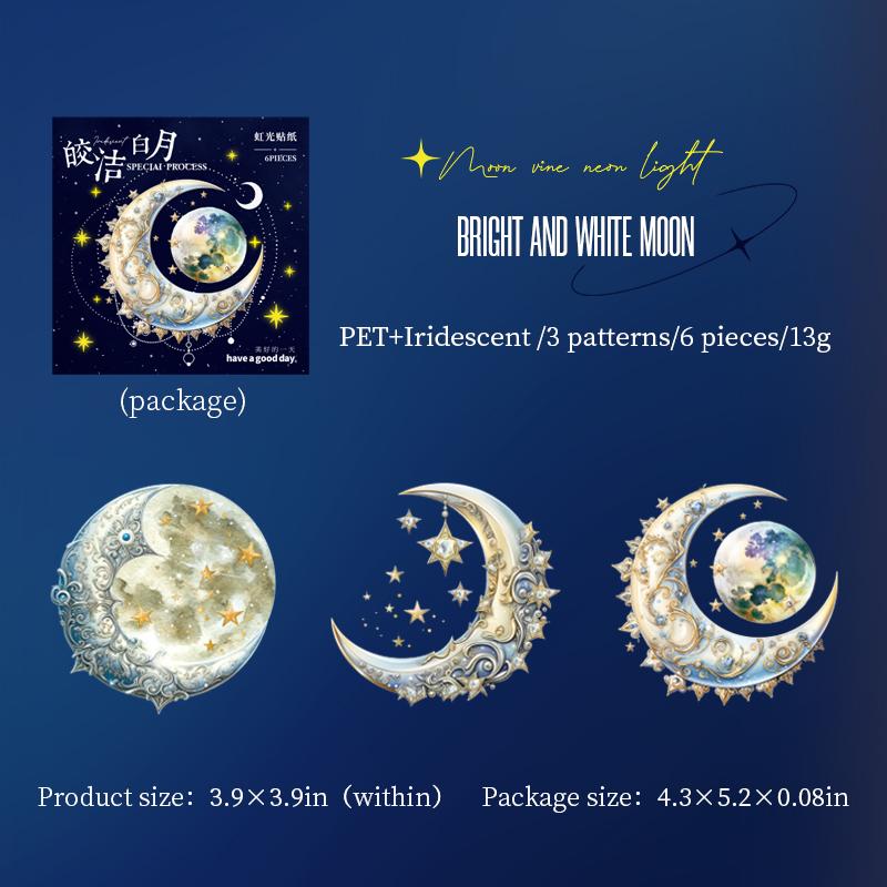 6 pcs/pack Colours Moon series Stickers aesthetic Decorative DIY Diary Album Scrapbooking material Junk Journal Supplies