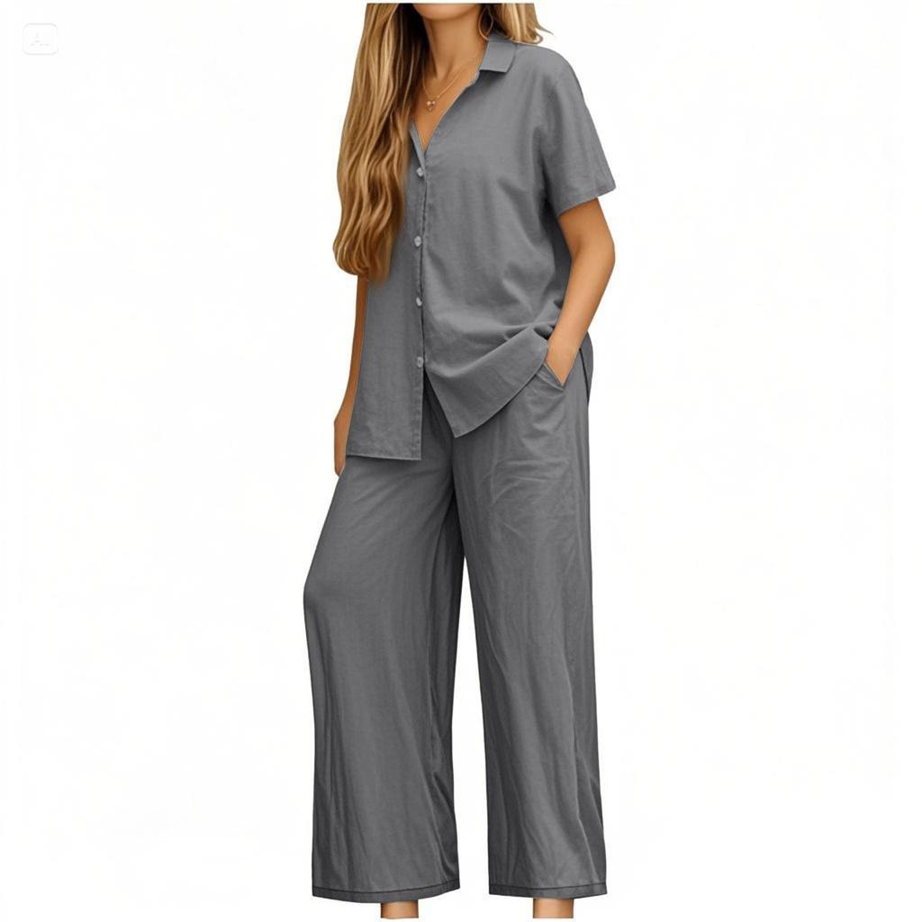 Leinen-Sets für Damen 2-teilig Kurzarmhemden & Weitbeinige Hosen Locker sitzend Schick Baumwoll-Leinen-Sets Outfits