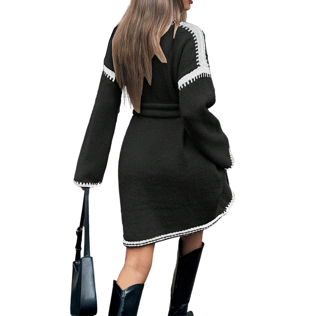 Damen Entspanntes Modisches Bindegürtel Locker Gestricktes V-Ausschnitt Midi-Kleid
