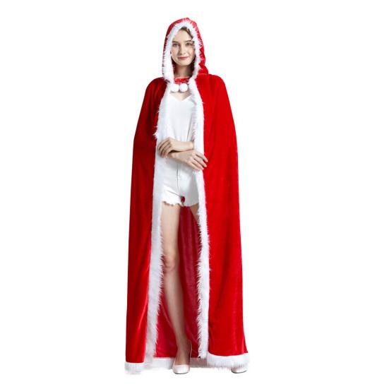 Fur Ball Decor Hooded Flurry Trim Lace-up Christmas Cloak Women Long Type Thick Warm Xmas Cape Party Costume
