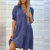 Women's Lapel Collar Linen Short Sleeve Dress Relaxed Fit Solid Color Casual Summer Midi