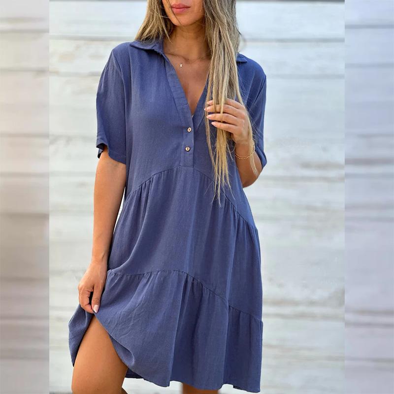 Women's Lapel Collar Linen Short Sleeve Dress Relaxed Fit Solid Color Casual Summer Midi