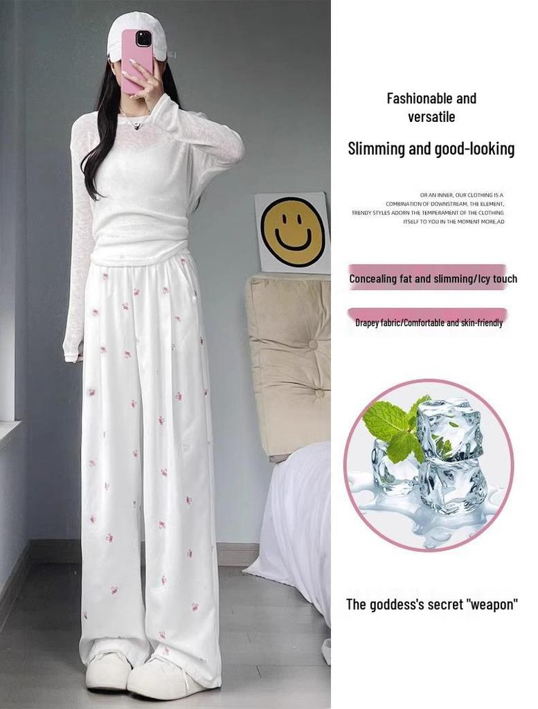 White Floral High-Waisted Yamamoto Summer 2025 Bowknot Wide-Leg Casual Pants