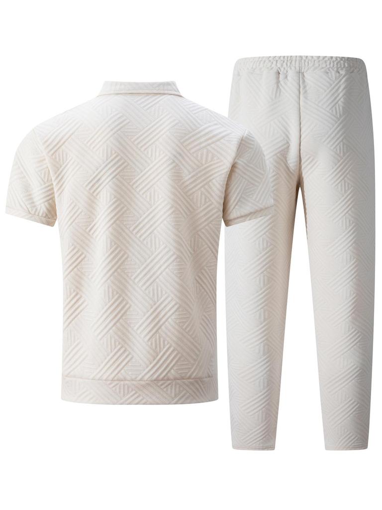 Conjunto Masculino de Jaqueta de Manga Curta e Calça com Estampa Geométrica e Camiseta Branca, Roupa Casual Streetwear