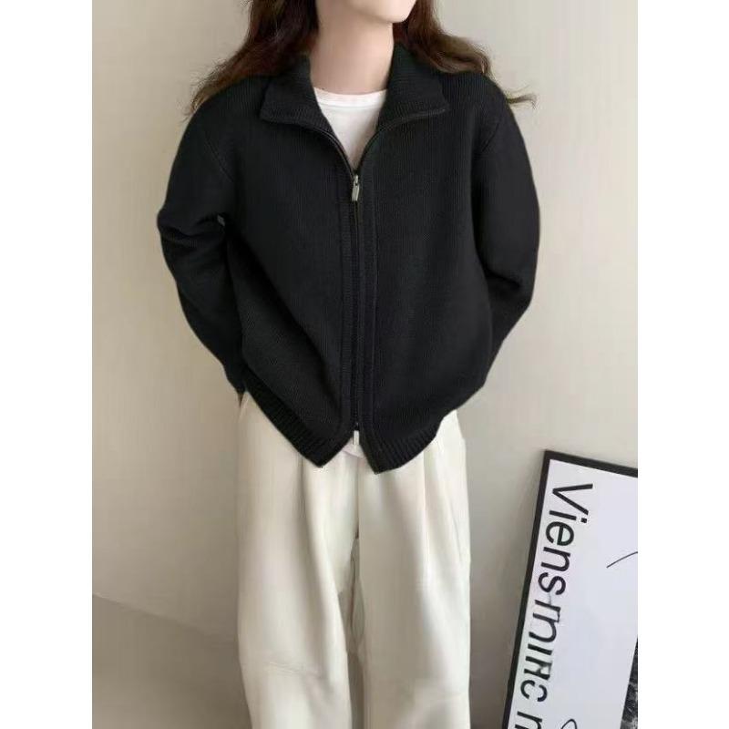 Autumn and winter new double zipper sweater jacket women's thick stand-up collar casual design short knitted cardigan women