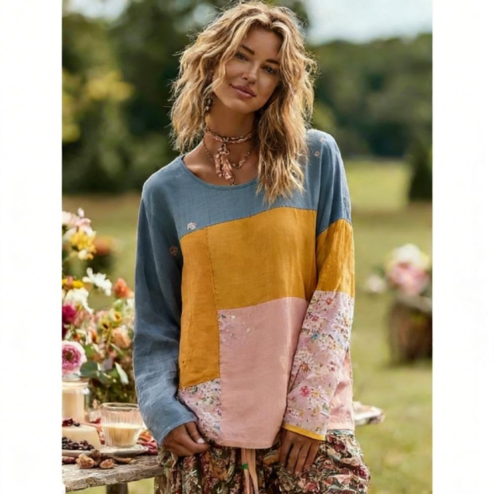 Mode Europe Amérique T-shirt Femme Pull Style Bohème T-shirt Manches Longues Femme Hauts Décontractés d'Extérieur