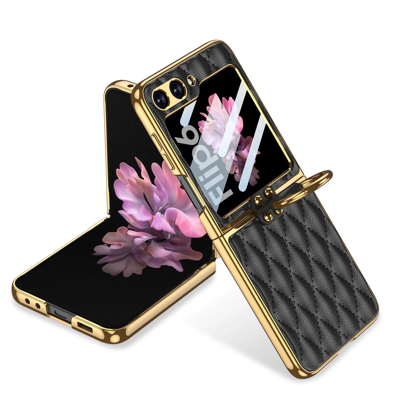 

For Samsung Galaxy Z Flip 6 5 Case Diamond Leather Ring Holder Back Screen Protector Plating Edge Cover for Galaxy Z Flip6 Case Galaxy Z Flip5 чёрный